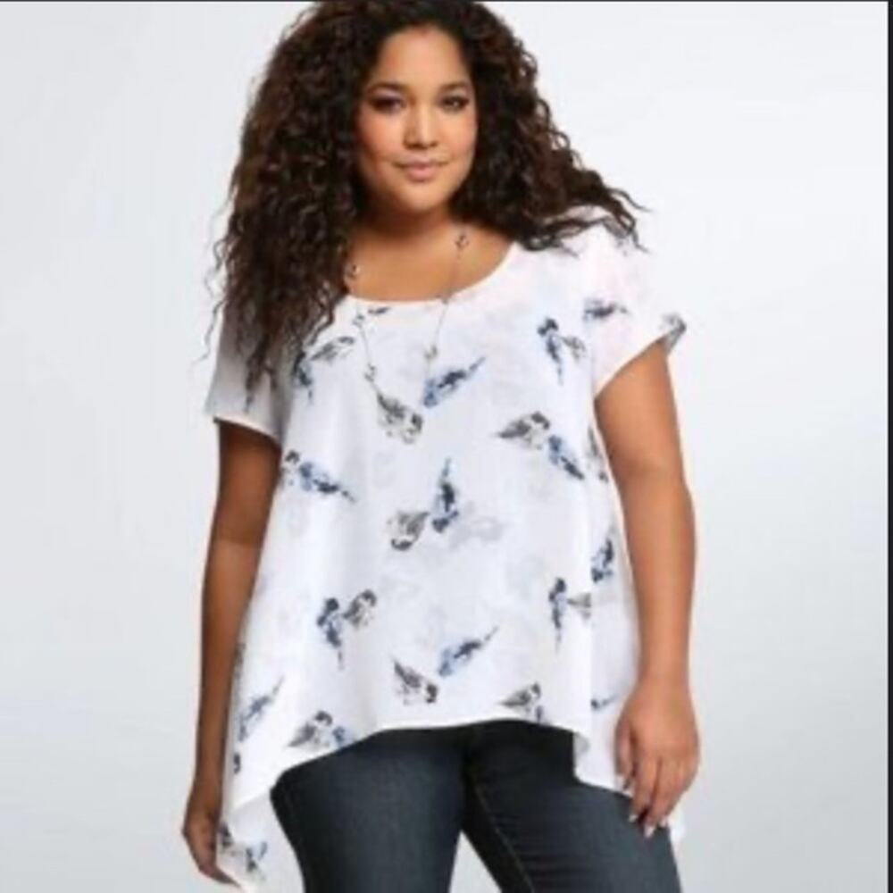 Torrid 1 white chiffon bird blouse. Semi sheer